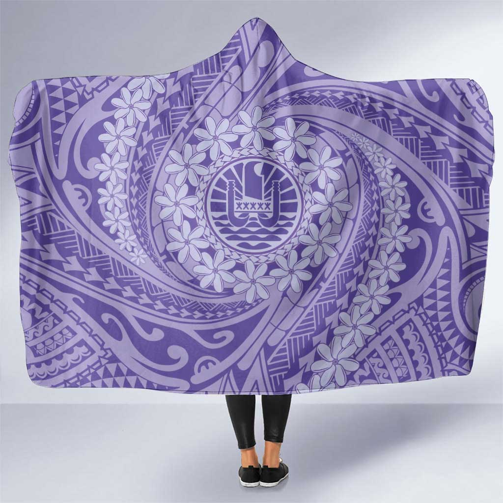 Tahitian Tiare Flower Hooded Blanket Violet Polynesian Pattern