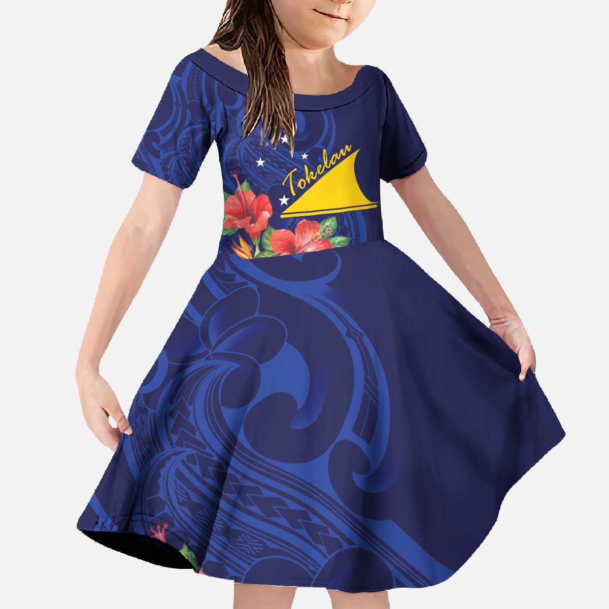Personalised Tokelau Tropical Hibiscus Family Matching Off The Shoulder Long Sleeve Dress and Hawaiian Shirt With Polynesian Plumeria Tattoo