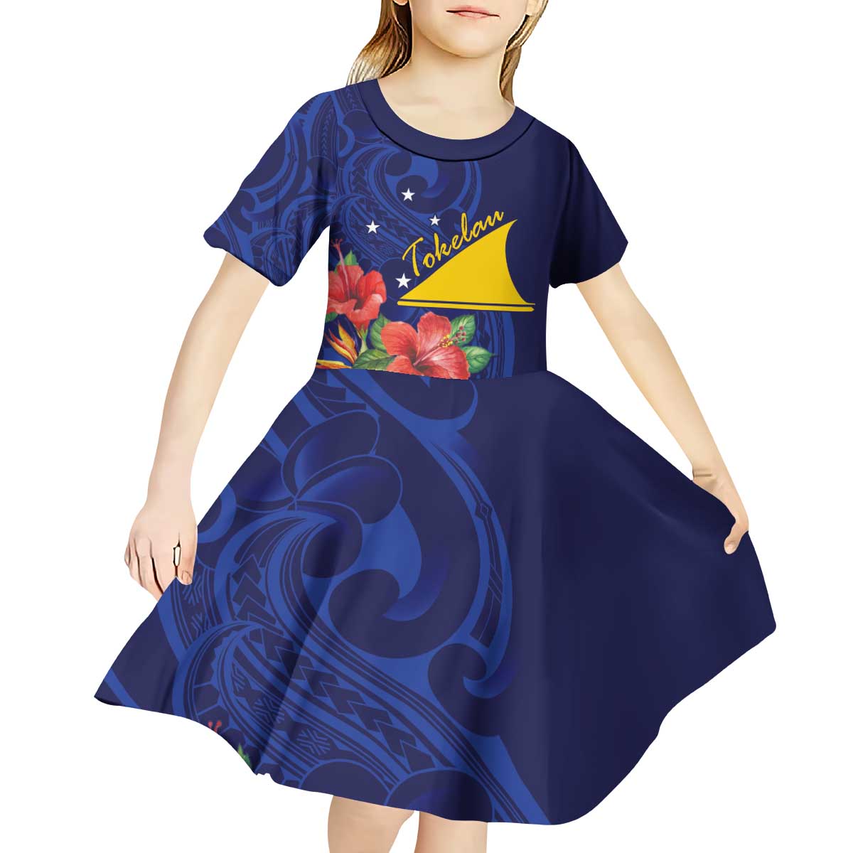 Personalised Tokelau Tropical Hibiscus Kid Short Sleeve Dress With Polynesian Plumeria Tattoo