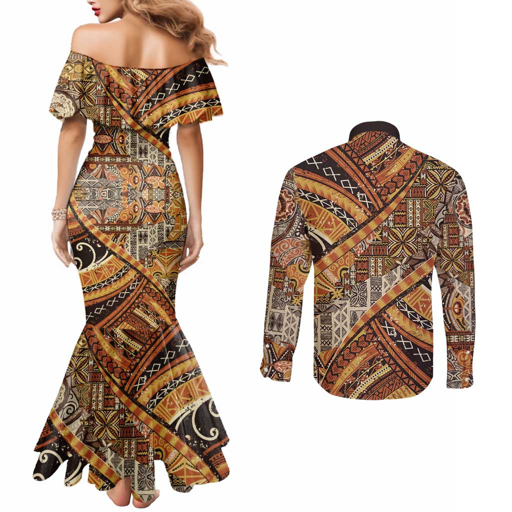 Hawaiian Style Tapa Couples Matching Mermaid Dress and Long Sleeve Button Shirt Vintage Seamless Pattern - Polynesian Pride
