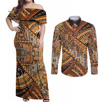 Hawaiian Style Tapa Couples Matching Off Shoulder Maxi Dress and Long Sleeve Button Shirt Vintage Seamless Pattern - Polynesian Pride
