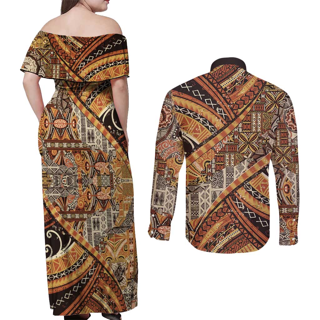 Hawaiian Style Tapa Couples Matching Off Shoulder Maxi Dress and Long Sleeve Button Shirt Vintage Seamless Pattern - Polynesian Pride