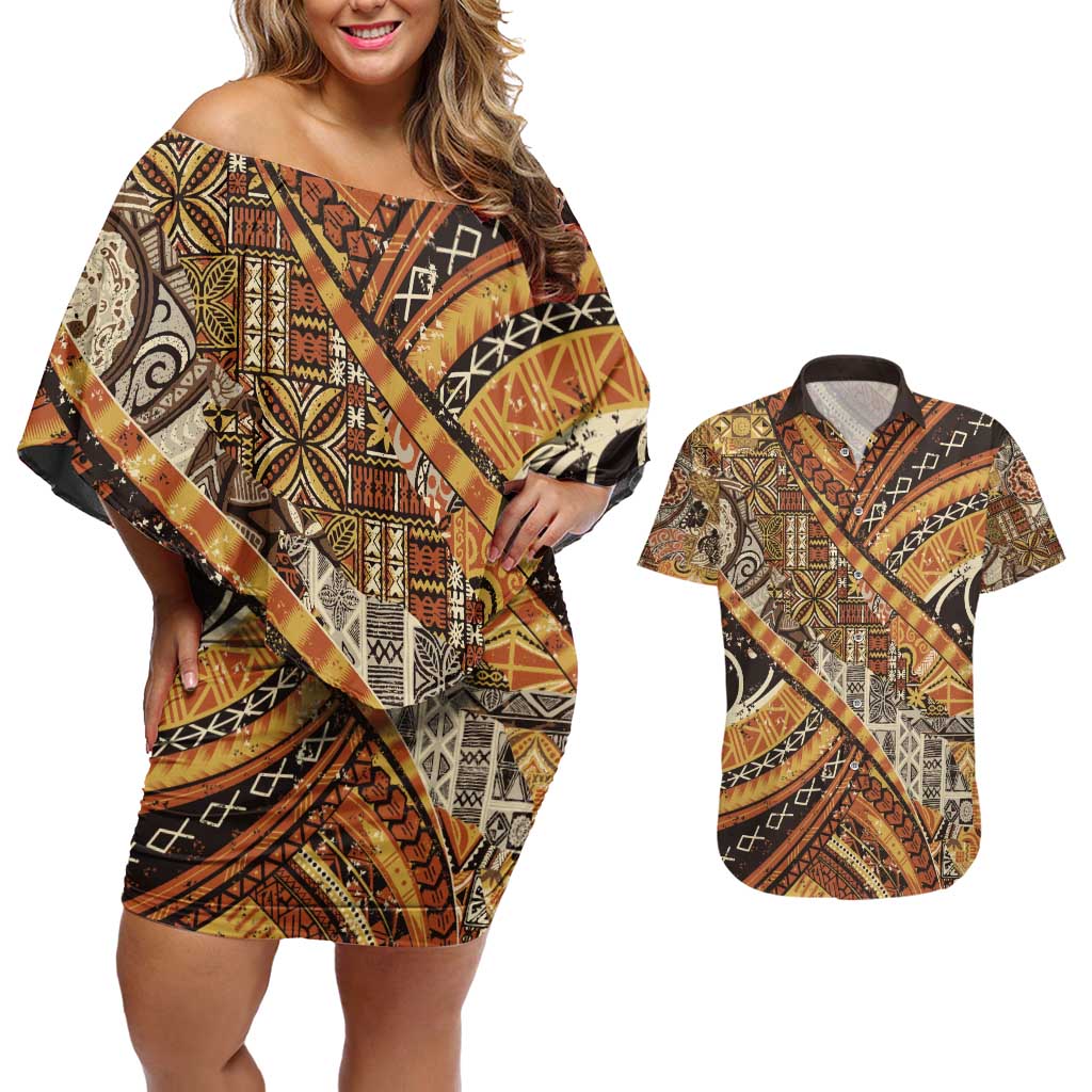 Hawaiian Style Tapa Couples Matching Off Shoulder Short Dress and Hawaiian Shirt Vintage Seamless Pattern - Polynesian Pride