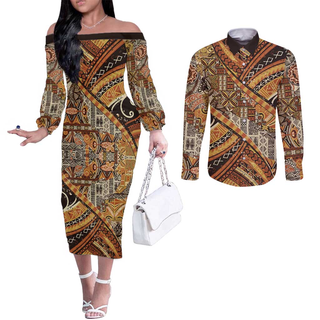 Hawaiian Style Tapa Couples Matching Off The Shoulder Long Sleeve Dress and Long Sleeve Button Shirt Vintage Seamless Pattern - Polynesian Pride