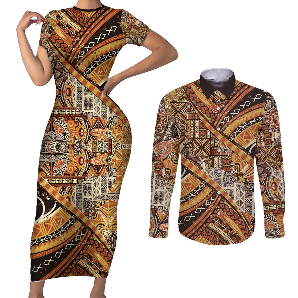Hawaiian Style Tapa Couples Matching Short Sleeve Bodycon Dress and Long Sleeve Button Shirt Vintage Seamless Pattern - Polynesian Pride