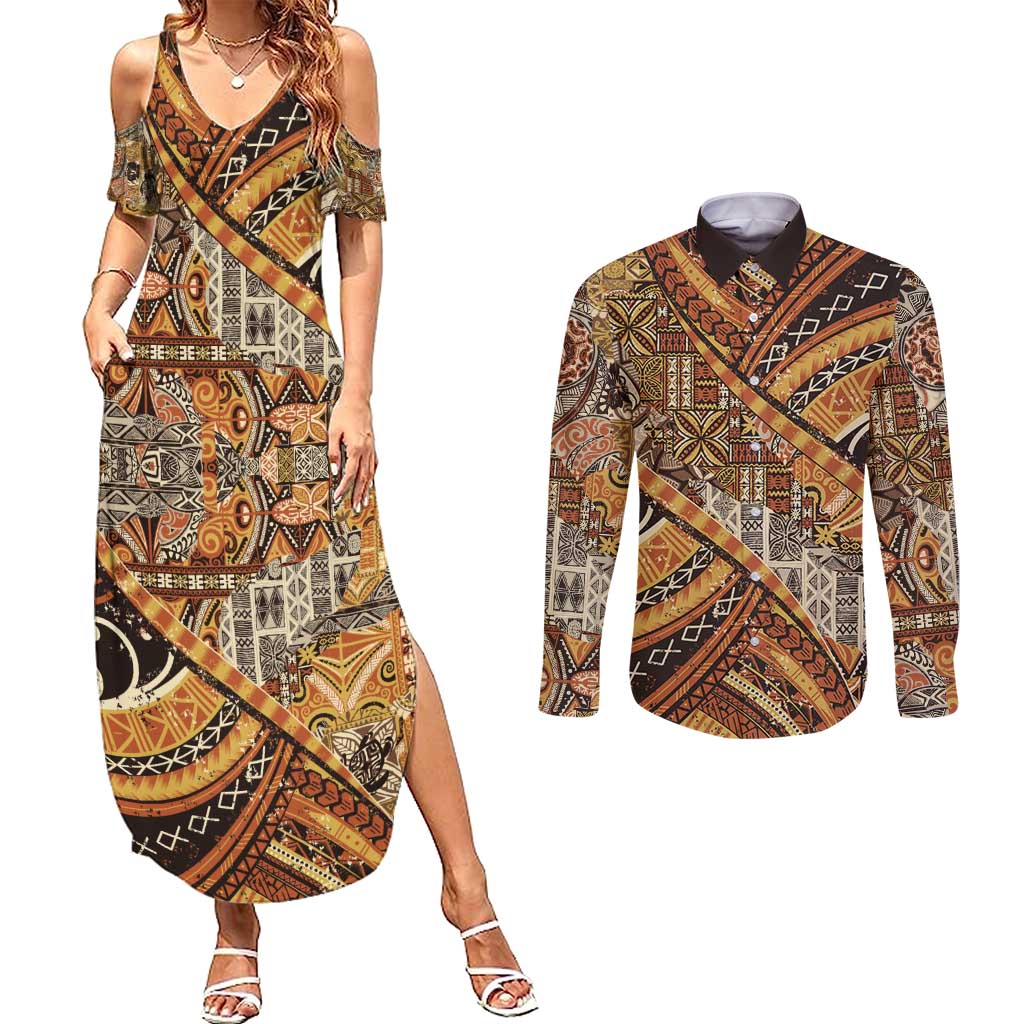 Hawaiian Style Tapa Couples Matching Summer Maxi Dress and Long Sleeve Button Shirt Vintage Seamless Pattern - Polynesian Pride