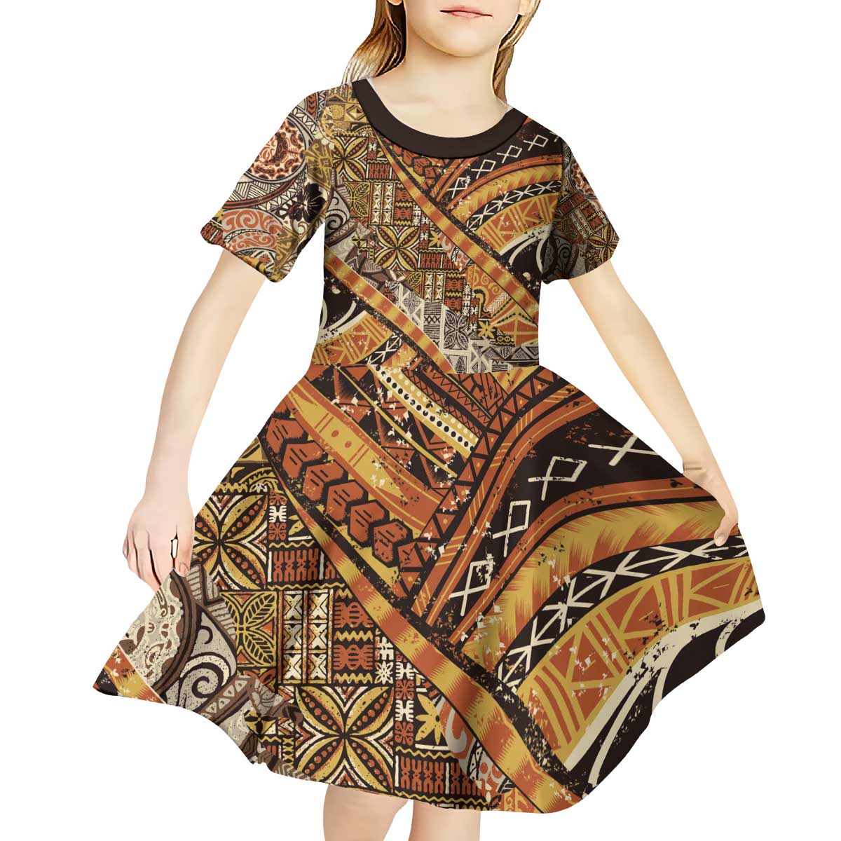 Hawaiian Style Tapa Kid Short Sleeve Dress Vintage Seamless Pattern - Polynesian Pride