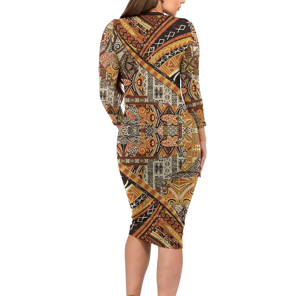 Hawaiian Style Tapa Long Sleeve Bodycon Dress Vintage Seamless Pattern - Polynesian Pride