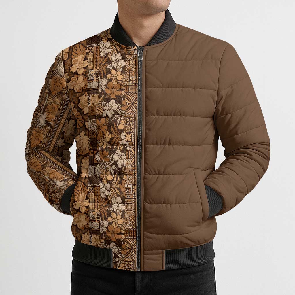 Hawaiian Tribal Elements Hibiscus Bomber Puffer Jacket Gold Pattern - Polynesian Pride
