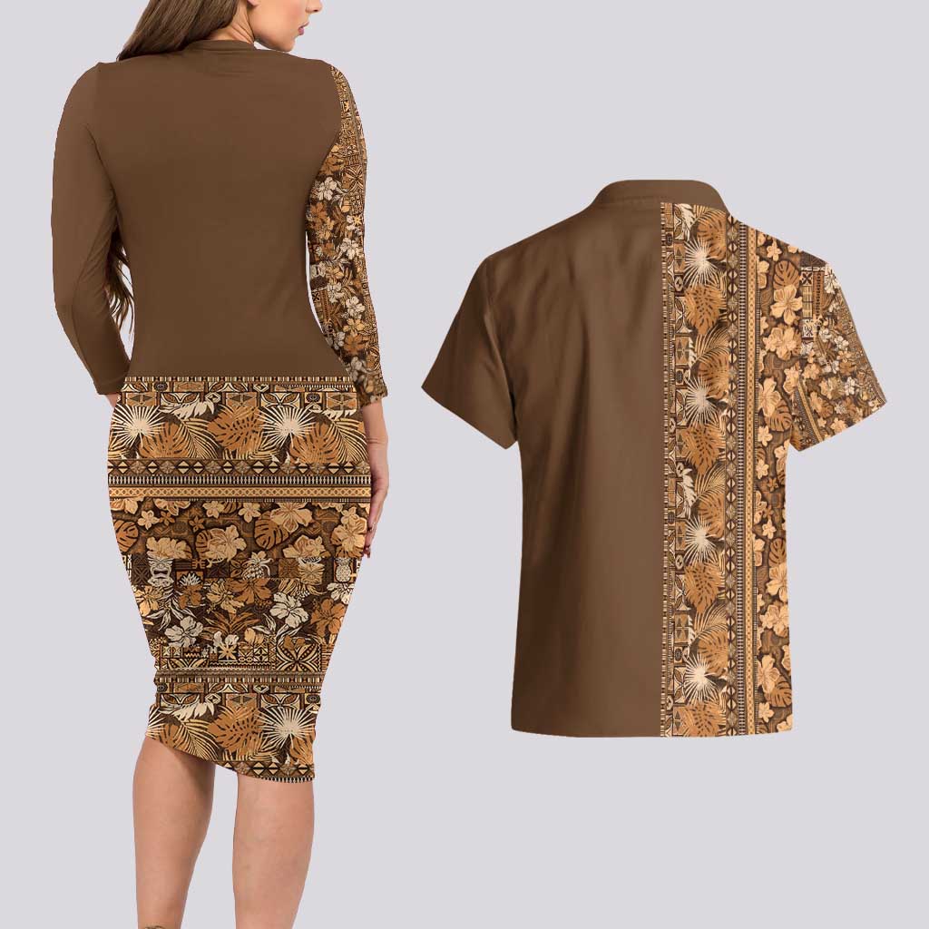 Hawaiian Tribal Elements Hibiscus Couples Matching Long Sleeve Bodycon Dress and Hawaiian Shirt Gold Pattern - Polynesian Pride
