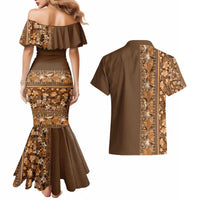 Hawaiian Tribal Elements Hibiscus Couples Matching Mermaid Dress and Hawaiian Shirt Gold Pattern - Polynesian Pride