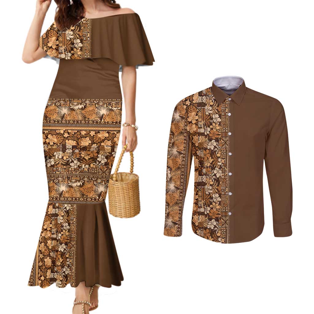 Hawaiian Tribal Elements Hibiscus Couples Matching Mermaid Dress and Long Sleeve Button Shirt Gold Pattern - Polynesian Pride