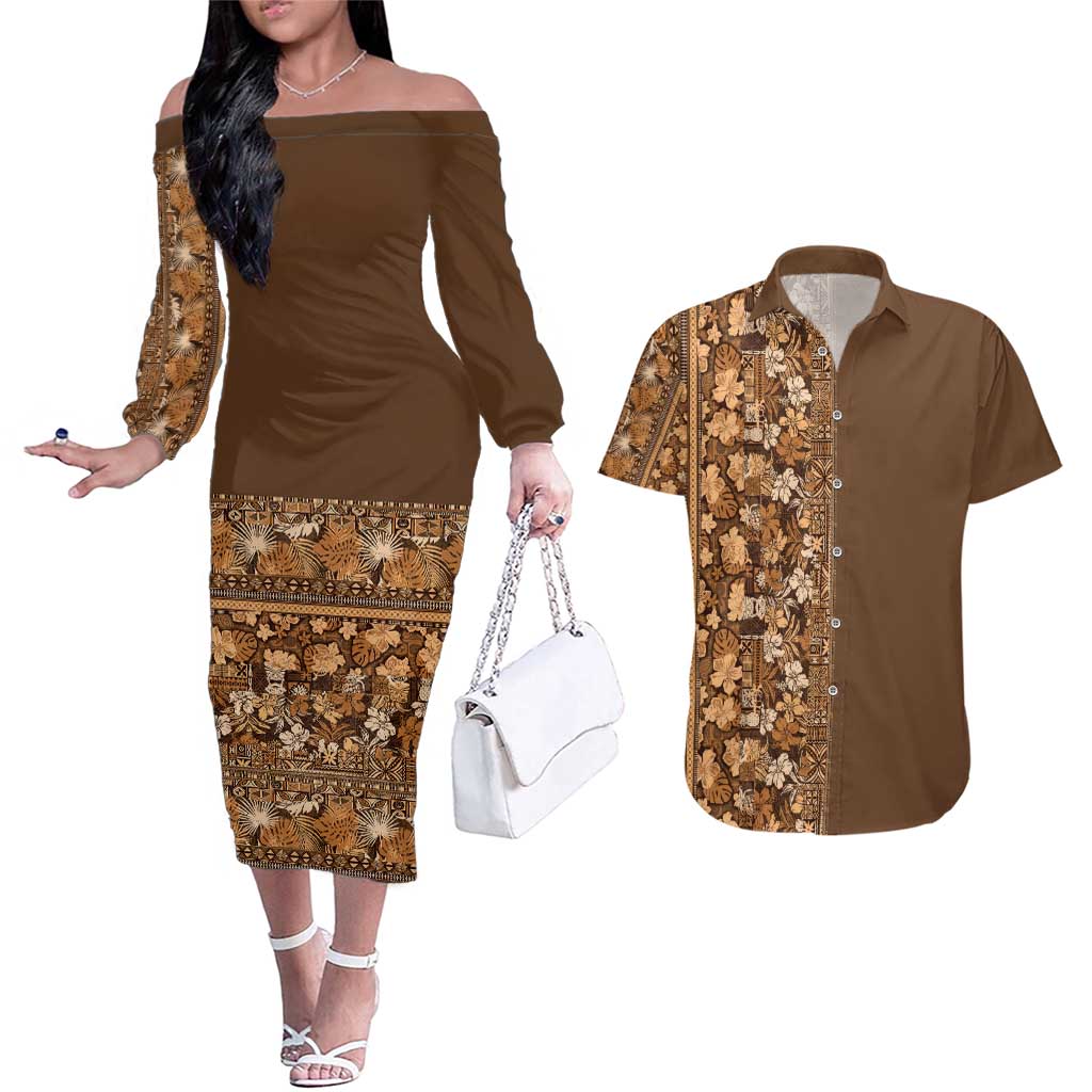 Hawaiian Tribal Elements Hibiscus Couples Matching Off The Shoulder Long Sleeve Dress and Hawaiian Shirt Gold Pattern - Polynesian Pride