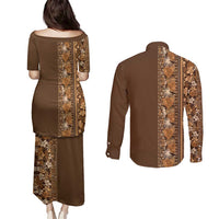 Hawaiian Tribal Elements Hibiscus Couples Matching Puletasi and Long Sleeve Button Shirt Gold Pattern - Polynesian Pride