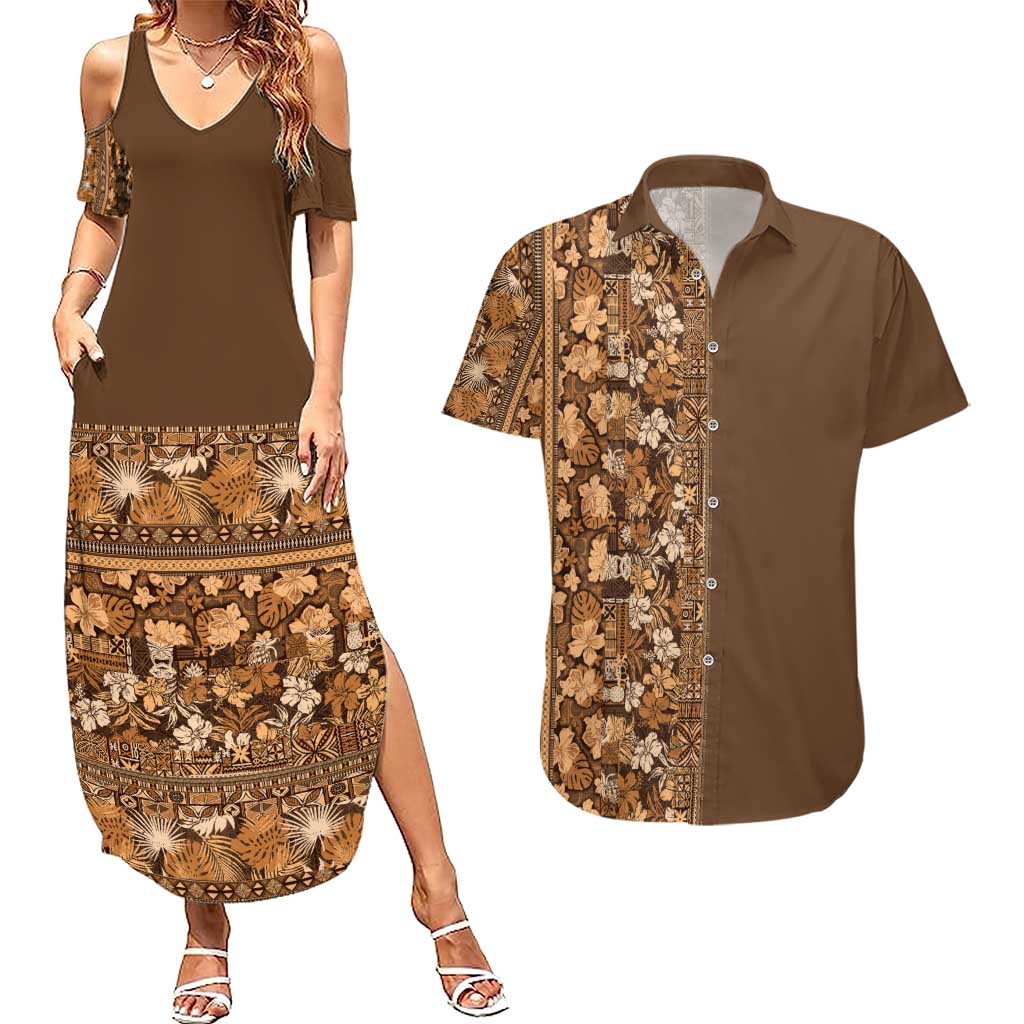 Hawaiian Tribal Elements Hibiscus Couples Matching Summer Maxi Dress and Hawaiian Shirt Gold Pattern - Polynesian Pride