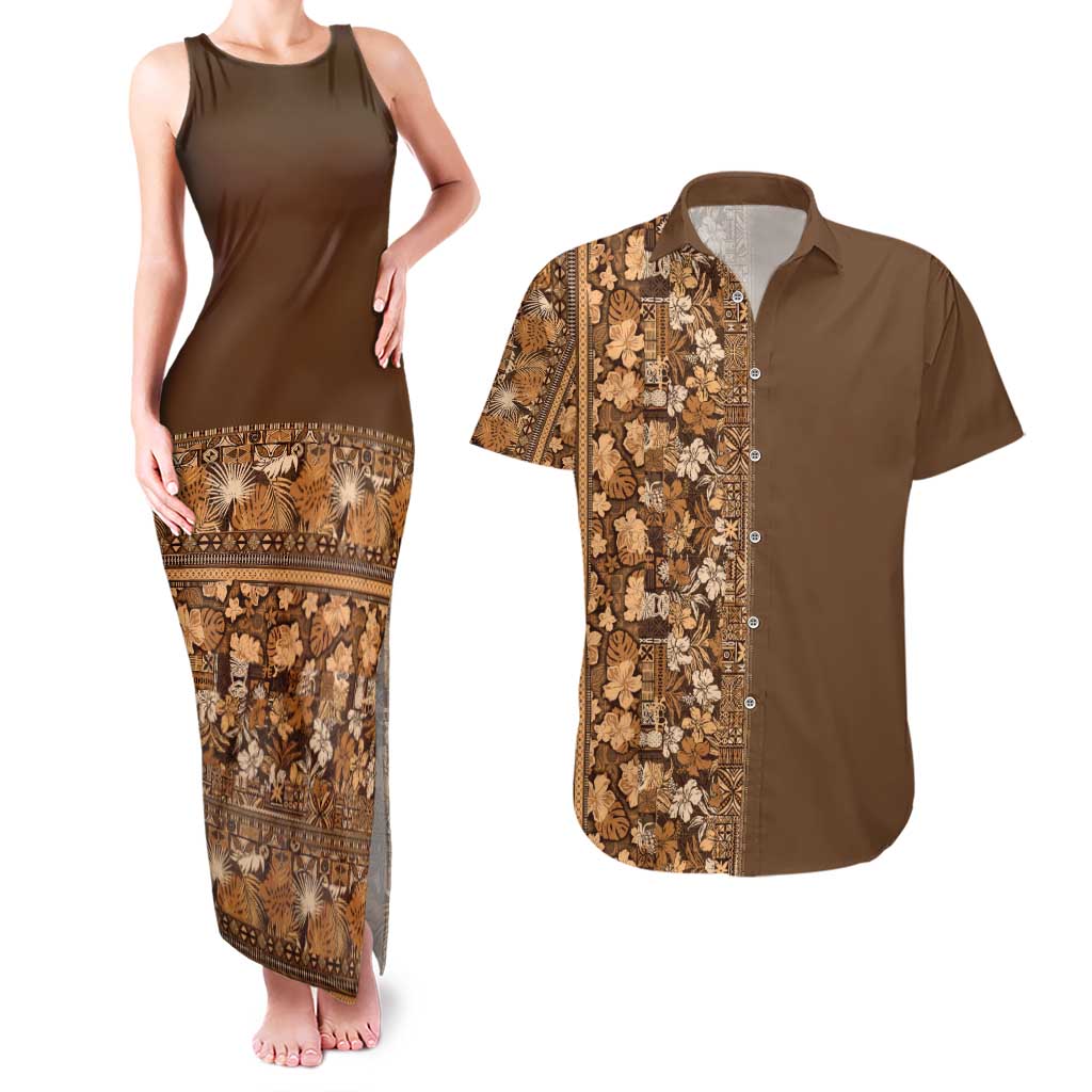 Hawaiian Tribal Elements Hibiscus Couples Matching Tank Maxi Dress and Hawaiian Shirt Gold Pattern - Polynesian Pride