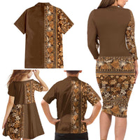 Hawaiian Tribal Elements Hibiscus Family Matching Long Sleeve Bodycon Dress and Hawaiian Shirt Gold Pattern - Polynesian Pride