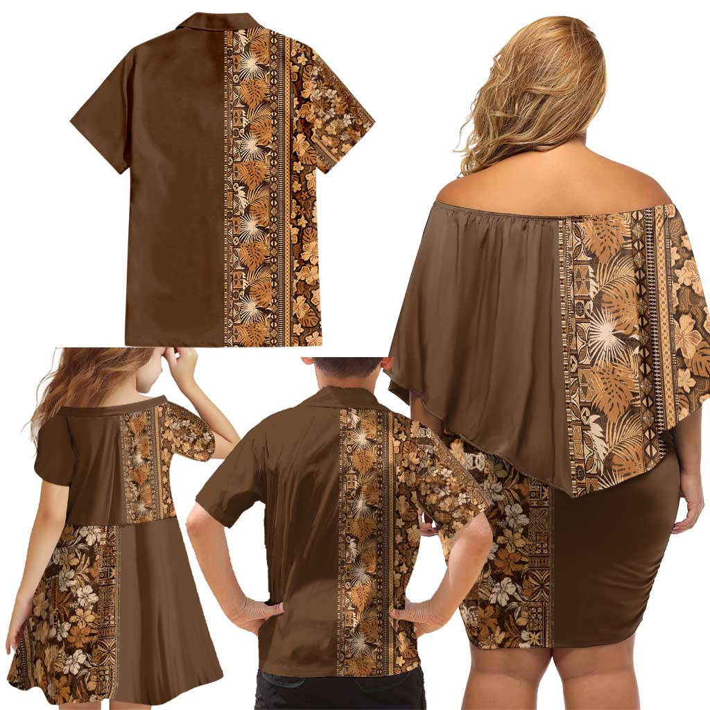 Hawaiian Tribal Elements Hibiscus Family Matching Off Shoulder Short Dress and Hawaiian Shirt Gold Pattern - Polynesian Pride