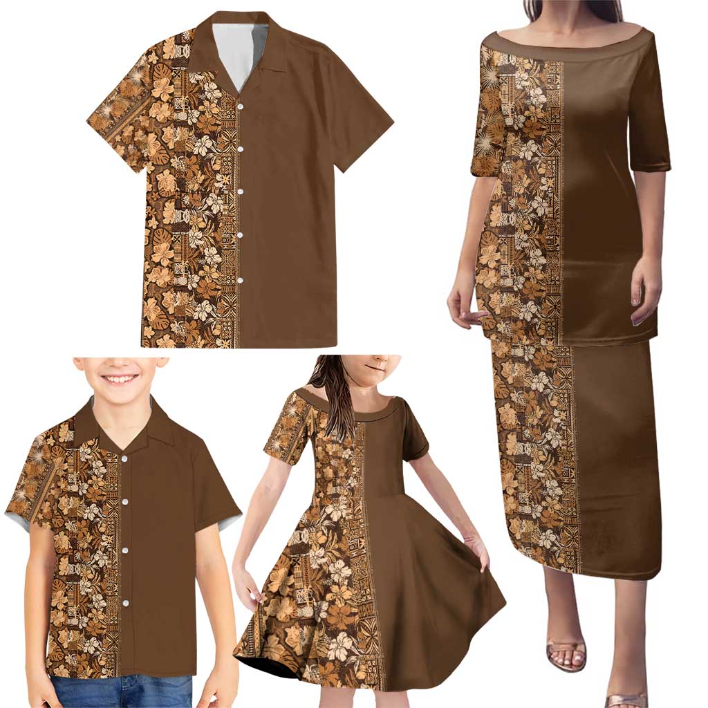 Hawaiian Tribal Elements Hibiscus Family Matching Puletasi and Hawaiian Shirt Gold Pattern - Polynesian Pride