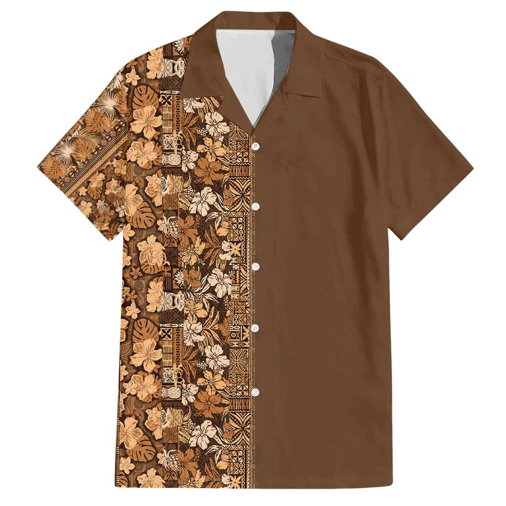 Hawaiian Tribal Elements Hibiscus Family Matching Short Sleeve Bodycon Dress and Hawaiian Shirt Gold Pattern - Polynesian Pride