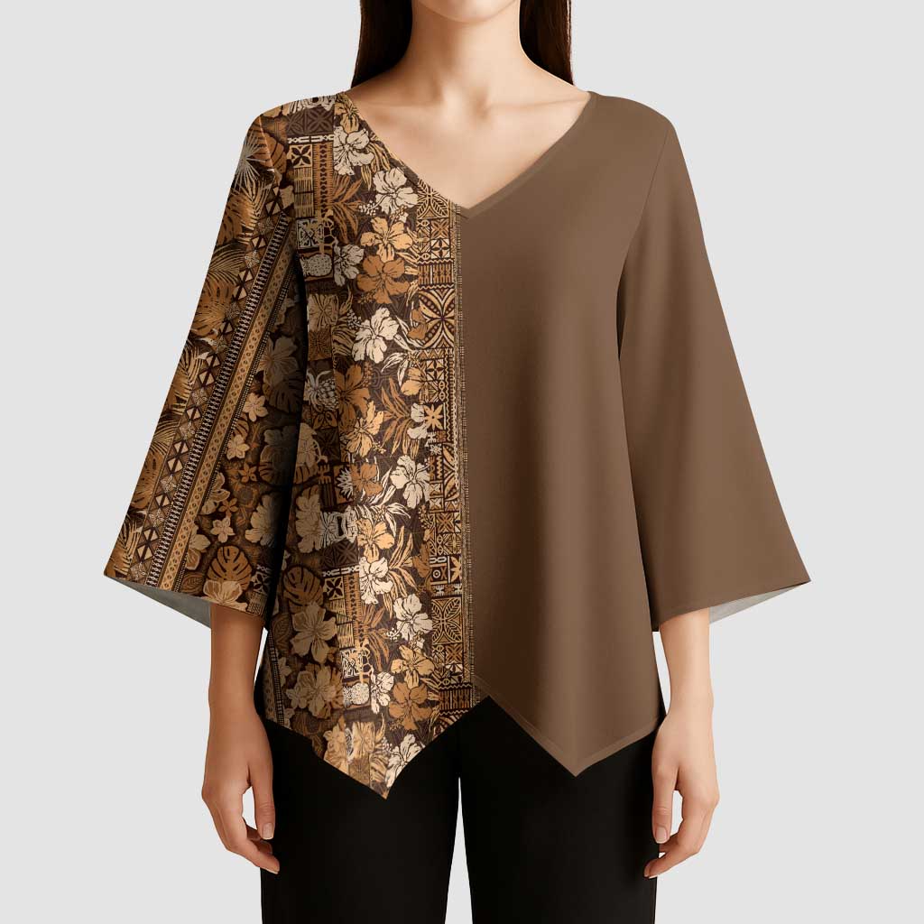 Hawaiian Tribal Elements Hibiscus Kimono Sleeve Blouse Gold Pattern - Polynesian Pride