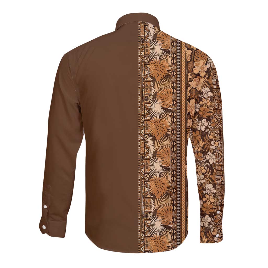 Hawaiian Tribal Elements Hibiscus Long Sleeve Button Shirt Gold Pattern - Polynesian Pride