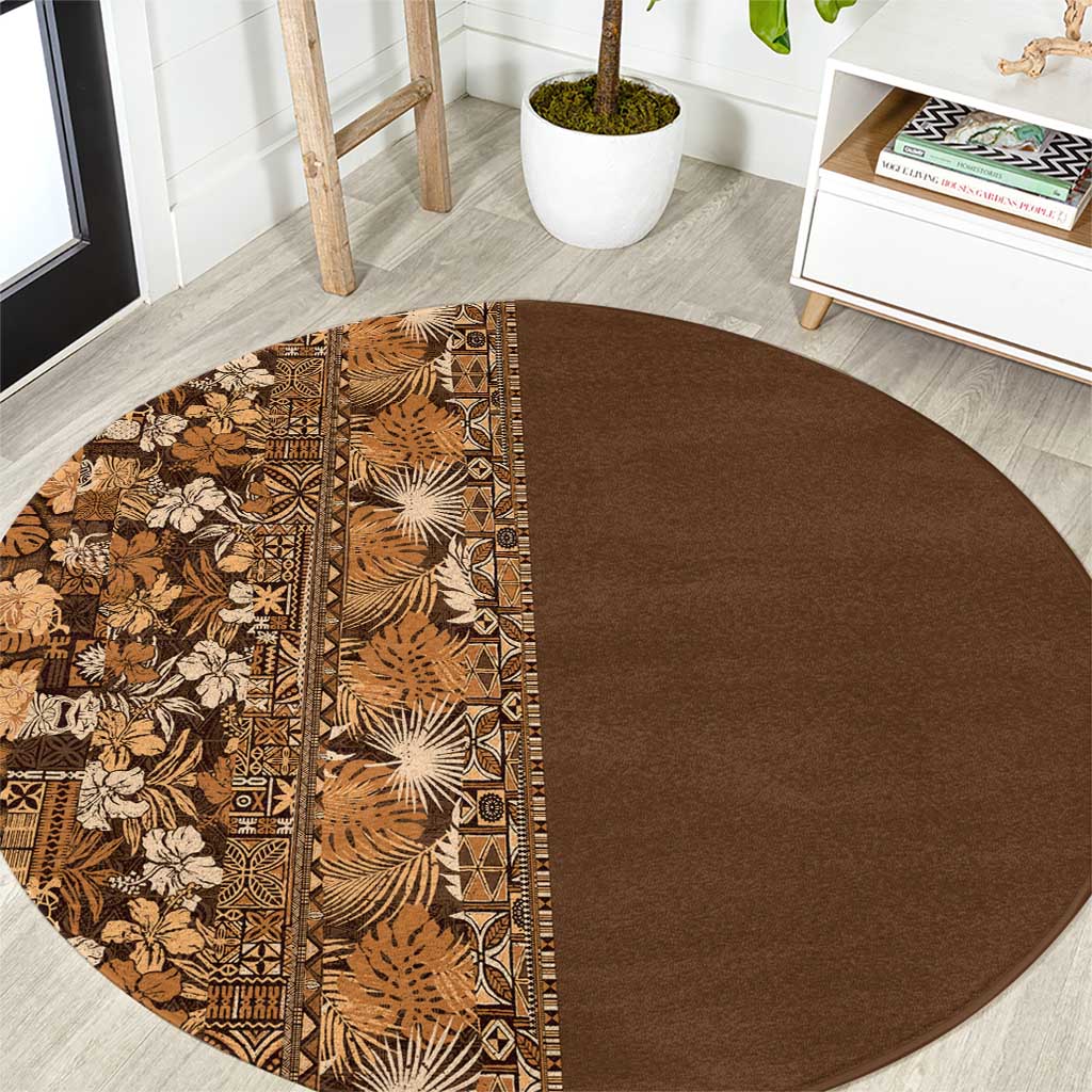 Hawaiian Tribal Elements Hibiscus Round Carpet Gold Pattern - Polynesian Pride