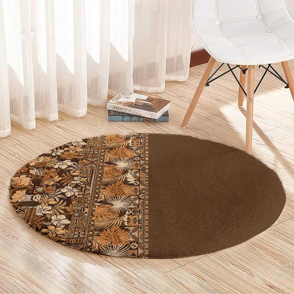 Hawaiian Tribal Elements Hibiscus Round Carpet Gold Pattern - Polynesian Pride