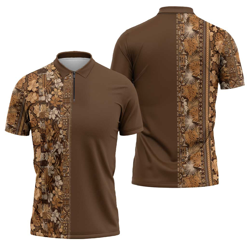 Hawaiian Tribal Elements Hibiscus Zipper Polo Shirt Gold Pattern - Polynesian Pride
