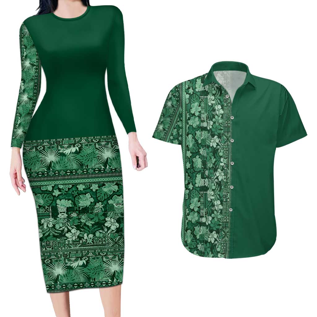 Hawaiian Tribal Elements Hibiscus Couples Matching Long Sleeve Bodycon Dress and Hawaiian Shirt Green Pattern - Polynesian Pride