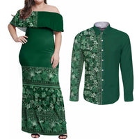 Hawaiian Tribal Elements Hibiscus Couples Matching Off Shoulder Maxi Dress and Long Sleeve Button Shirt Green Pattern - Polynesian Pride