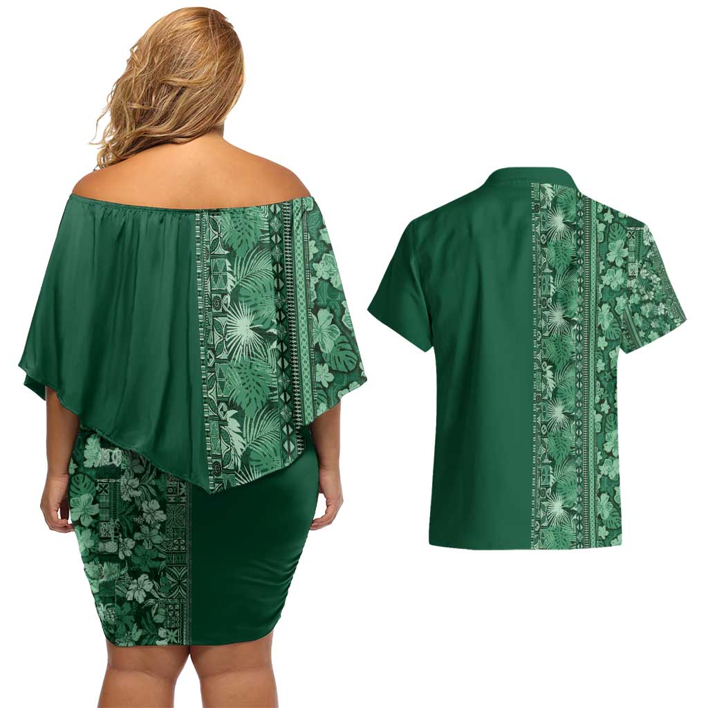 Hawaiian Tribal Elements Hibiscus Couples Matching Off Shoulder Short Dress and Hawaiian Shirt Green Pattern - Polynesian Pride