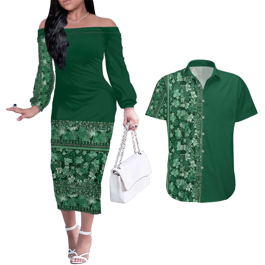 Hawaiian Tribal Elements Hibiscus Couples Matching Off The Shoulder Long Sleeve Dress and Hawaiian Shirt Green Pattern - Polynesian Pride