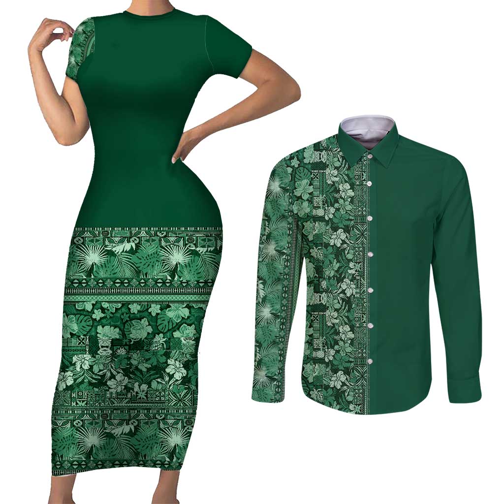 Hawaiian Tribal Elements Hibiscus Couples Matching Short Sleeve Bodycon Dress and Long Sleeve Button Shirt Green Pattern - Polynesian Pride