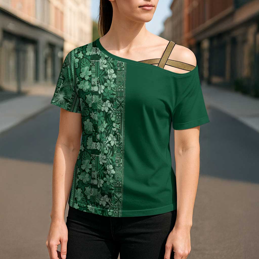 Hawaiian Tribal Elements Hibiscus Cross Shoulder Shirt Green Pattern - Polynesian Pride