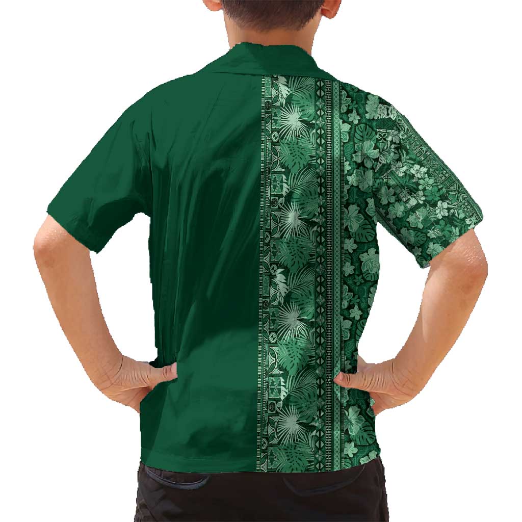 Hawaiian Tribal Elements Hibiscus Family Matching Long Sleeve Bodycon Dress and Hawaiian Shirt Green Pattern - Polynesian Pride