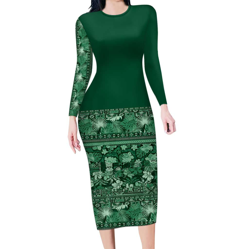 Hawaiian Tribal Elements Hibiscus Family Matching Long Sleeve Bodycon Dress and Hawaiian Shirt Green Pattern - Polynesian Pride