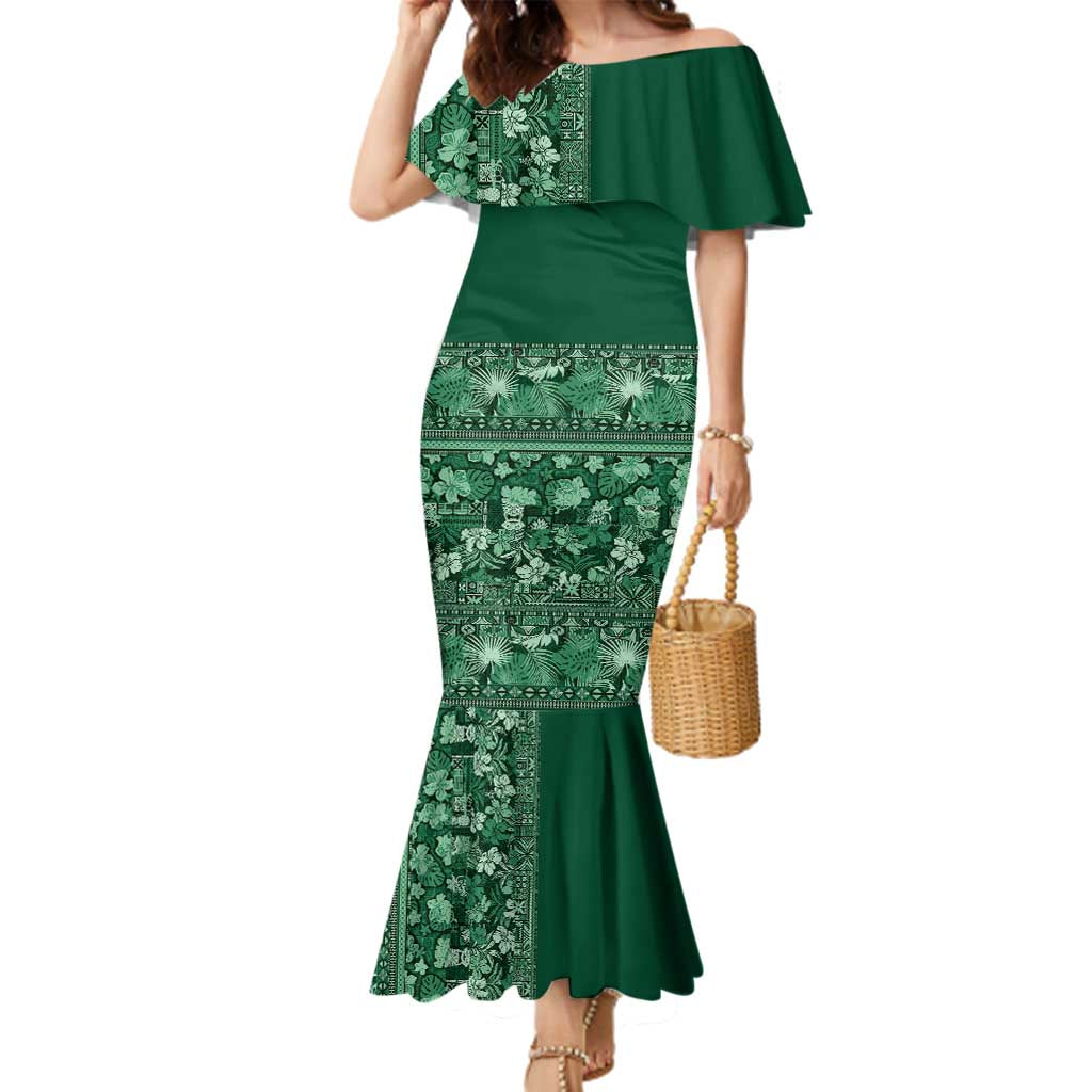 Hawaiian Tribal Elements Hibiscus Family Matching Mermaid Dress and Hawaiian Shirt Green Pattern - Polynesian Pride
