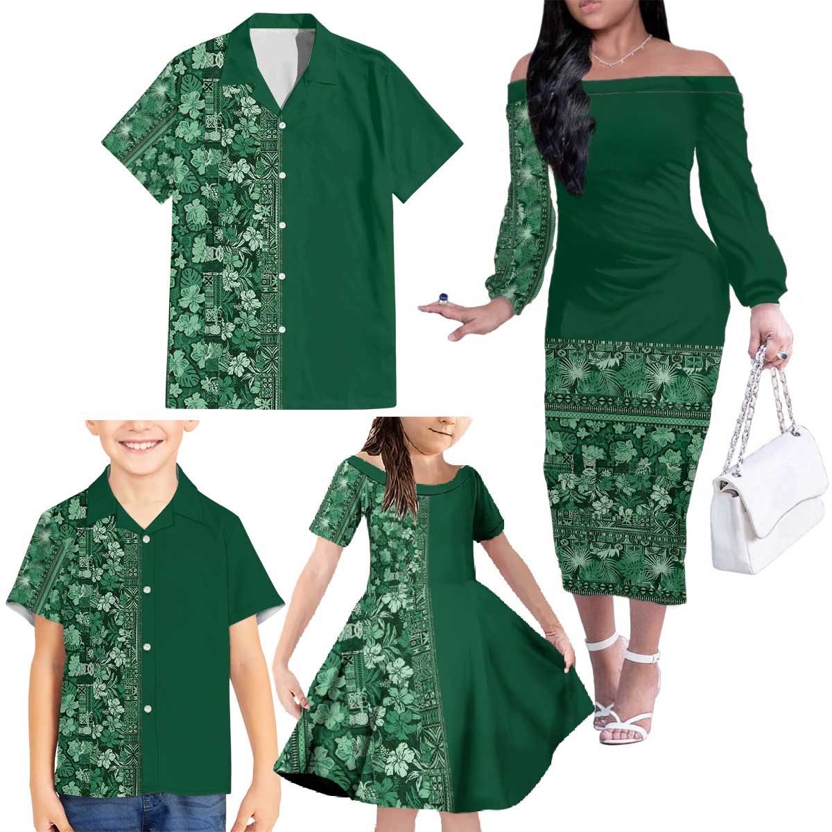 Hawaiian Tribal Elements Hibiscus Family Matching Off The Shoulder Long Sleeve Dress and Hawaiian Shirt Green Pattern - Polynesian Pride
