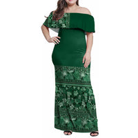 Hawaiian Tribal Elements Hibiscus Family Matching Off Shoulder Maxi Dress and Hawaiian Shirt Green Pattern - Polynesian Pride