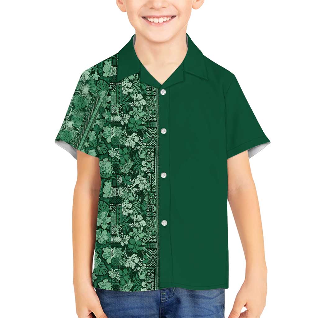 Hawaiian Tribal Elements Hibiscus Family Matching Off Shoulder Short Dress and Hawaiian Shirt Green Pattern - Polynesian Pride