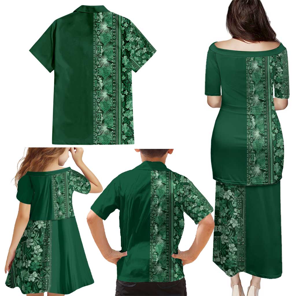 Hawaiian Tribal Elements Hibiscus Family Matching Puletasi and Hawaiian Shirt Green Pattern - Polynesian Pride