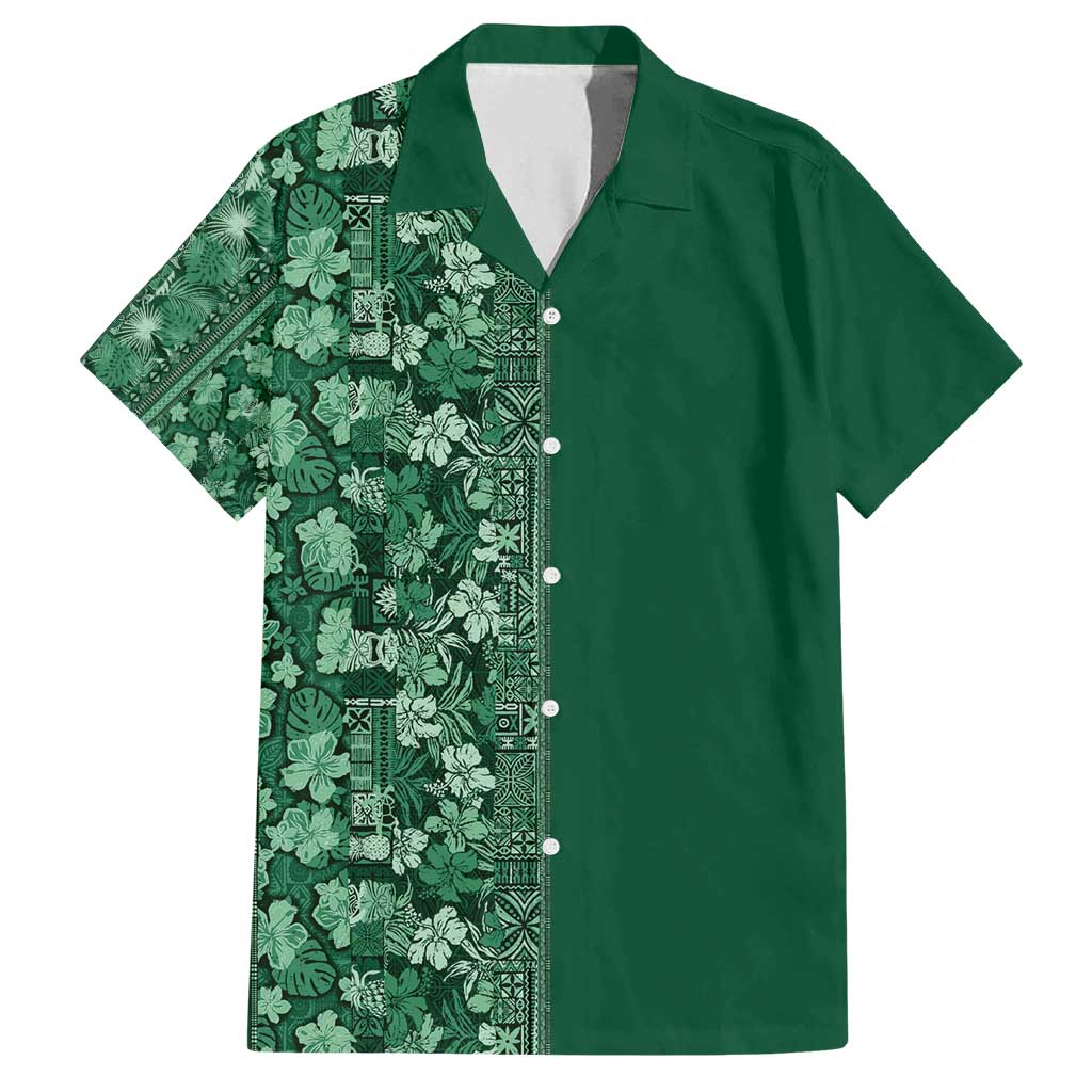 Hawaiian Tribal Elements Hibiscus Family Matching Puletasi and Hawaiian Shirt Green Pattern - Polynesian Pride