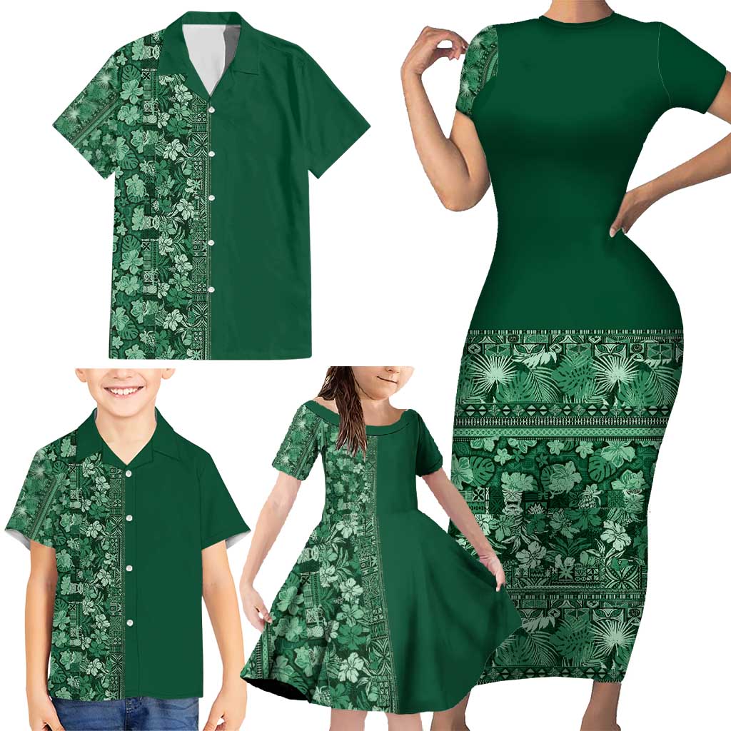 Hawaiian Tribal Elements Hibiscus Family Matching Short Sleeve Bodycon Dress and Hawaiian Shirt Green Pattern - Polynesian Pride