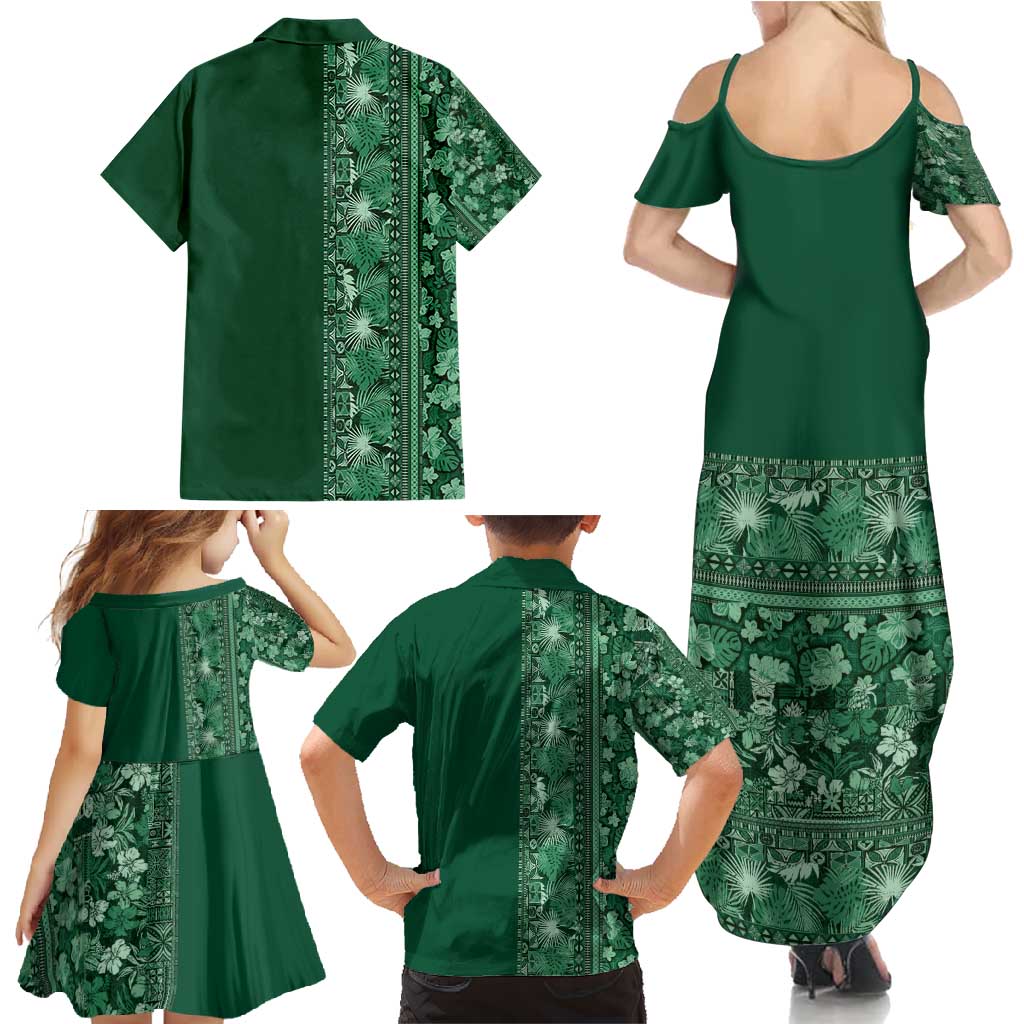 Hawaiian Tribal Elements Hibiscus Family Matching Summer Maxi Dress and Hawaiian Shirt Green Pattern - Polynesian Pride