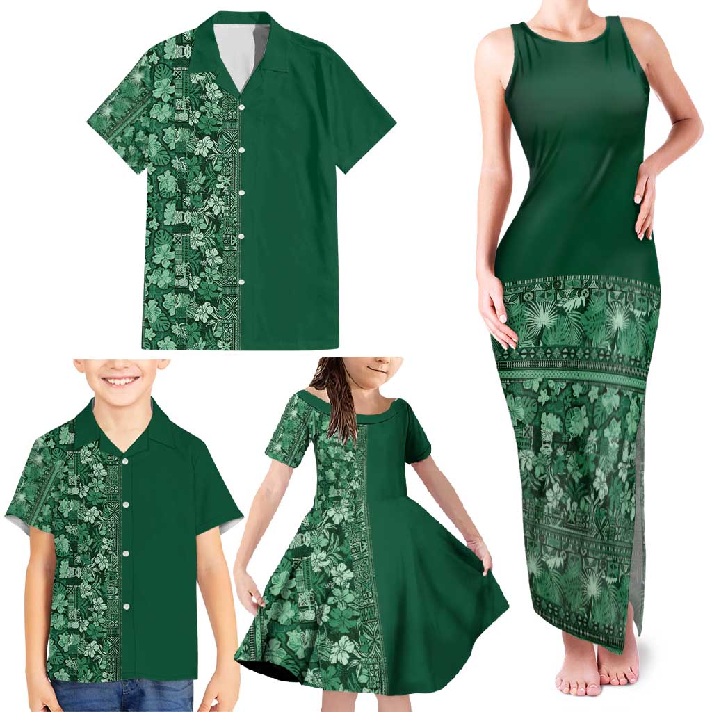 Hawaiian Tribal Elements Hibiscus Family Matching Tank Maxi Dress and Hawaiian Shirt Green Pattern - Polynesian Pride