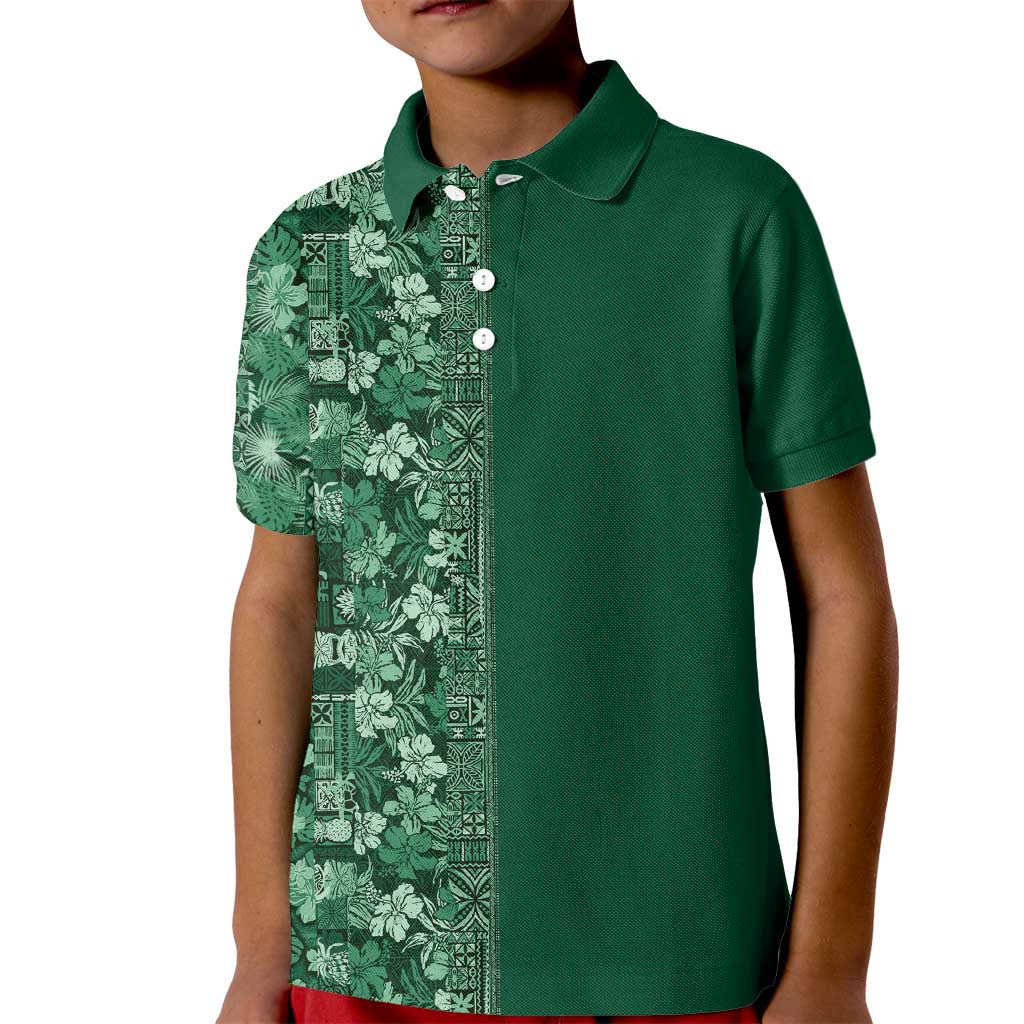 Hawaiian Tribal Elements Hibiscus Kid Polo Shirt Green Pattern - Polynesian Pride