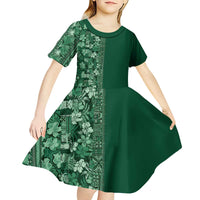 Hawaiian Tribal Elements Hibiscus Kid Short Sleeve Dress Green Pattern - Polynesian Pride