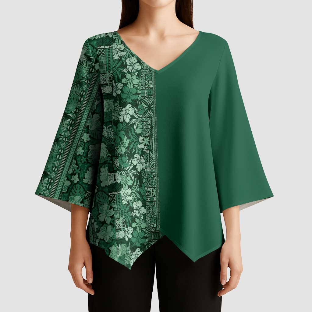 Hawaiian Tribal Elements Hibiscus Kimono Sleeve Blouse Green Pattern - Polynesian Pride