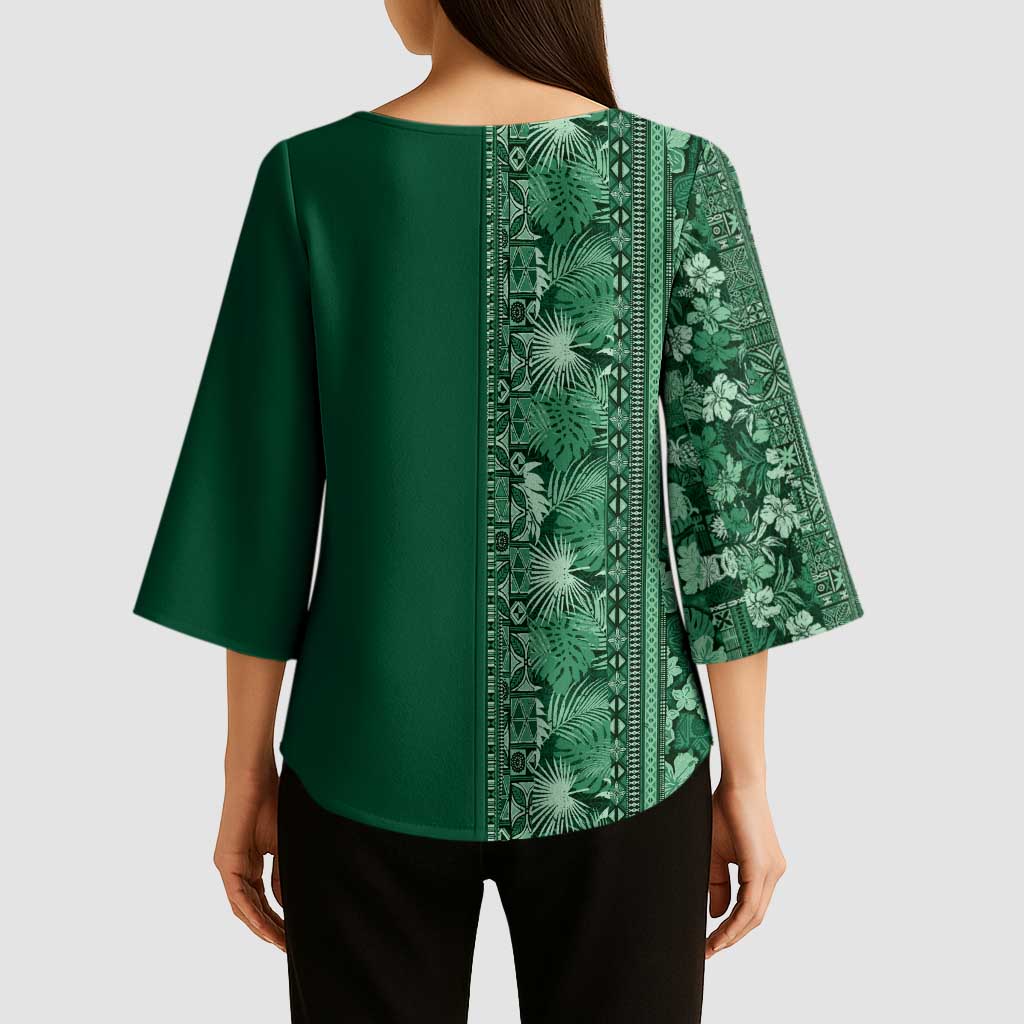 Hawaiian Tribal Elements Hibiscus Kimono Sleeve Blouse Green Pattern - Polynesian Pride